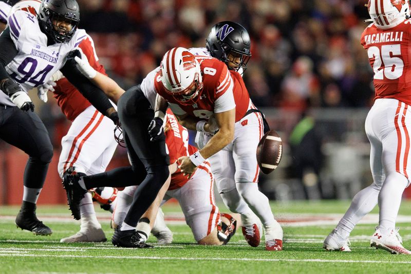 Nov 11, 2023; Madison, Wisconsin, USA;  Northwestern Wildcats defensive back Rod Heard II (24) forces Wisconsin Badgers quarterback Tanner Mordecai (8) to fumble the football during the fourth quarter at Camp Randall Stadium. Mandatory Credit: Jeff Hanisch-USA TODAY Sports