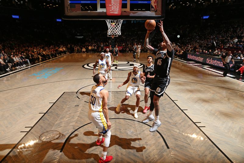 BROOKLYN, NY - MARCH 6: Keon Johnson #45 of the Brooklyn Nets drives to the basket during the game against the Golden State Warriors on March 6, 2025 at Barclays Center in Brooklyn, New York. NOTE TO USER: User expressly acknowledges and agrees that, by downloading and or using this Photograph, user is consenting to the terms and conditions of the Getty Images License Agreement. Mandatory Copyright Notice: Copyright 2025 NBAE(Photo by Nathaniel S. Butler/NBAE via Getty Images)