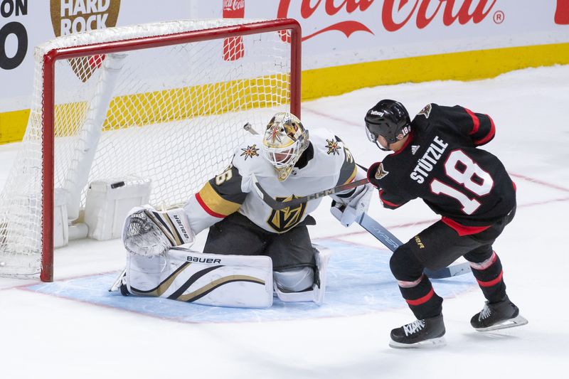 Feb 22, 2024; Ottawa, Ontario, CAN; Ottawa Senators center Tim Stutzle (18) scores against Vegas Golden Knights goalie Logan Thompson (36) in a shootout at the Canadian Tire Centre. Mandatory Credit: Marc DesRosiers-USA TODAY Sports