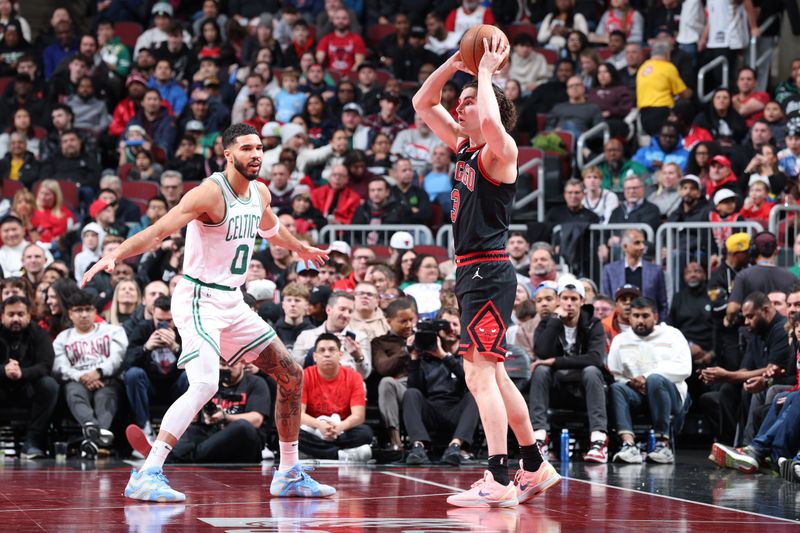 CHICAGO, IL - NOVEMBER 29: Josh Giddey #3 of the Chicago Bulls passes the ball during the game against the Boston Celtics during the Emirates NBA Cup game on November 29, 2024 at United Center in Chicago, Illinois. NOTE TO USER: User expressly acknowledges and agrees that, by downloading and or using this photograph, User is consenting to the terms and conditions of the Getty Images License Agreement. Mandatory Copyright Notice: Copyright 2024 NBAE (Photo by Jeff Haynes/NBAE via Getty Images)