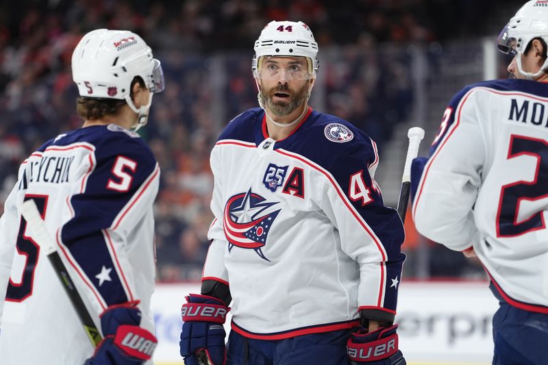Mar 24, 2026; Philadelphia, Pennsylvania, USA; Columbus Blue Jackets defenseman Erik Gudbranson (44) reacts against the Philadelphia Flyers in the first period at Xfinity Mobile Arena. Mandatory Credit: Kyle Ross-Imagn Images