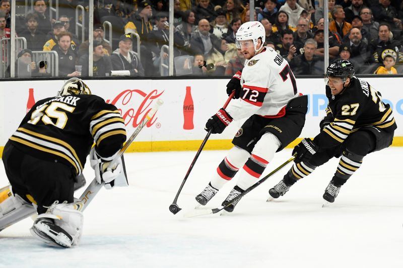 Mar 19, 2024; Boston, Massachusetts, USA;  Ottawa Senators defenseman Thomas Chabot (72) shoots the puck on Boston Bruins goaltender Linus Ullmark (35) while defenseman Hampus Lindholm (27) defends during the second period at TD Garden. Mandatory Credit: Bob DeChiara-USA TODAY Sports