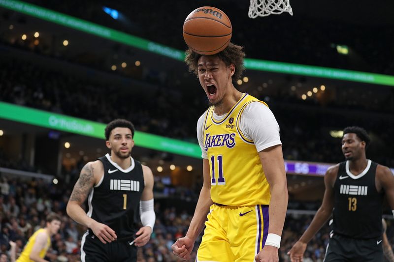 MEMPHIS, TENNESSEE - MARCH 27: Jaxson Hayes #11 of the Los Angeles Lakers reacts during the first half against the Memphis Grizzlies at FedExForum on March 27, 2024 in Memphis, Tennessee. NOTE TO USER: User expressly acknowledges and agrees that, by downloading and or using this photograph, User is consenting to the terms and conditions of the Getty Images License Agreement. (Photo by Justin Ford/Getty Images)