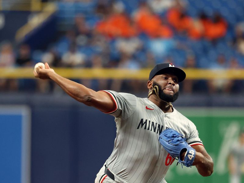 Sep 3, 2024; St. Petersburg, Florida, USA;  Minnesota Twins pitcher Diego Castillo (62) throws a pitch against the Tampa Bay Rays during the eighth inning at Tropicana Field. Mandatory Credit: Kim Klement Neitzel-Imagn Images