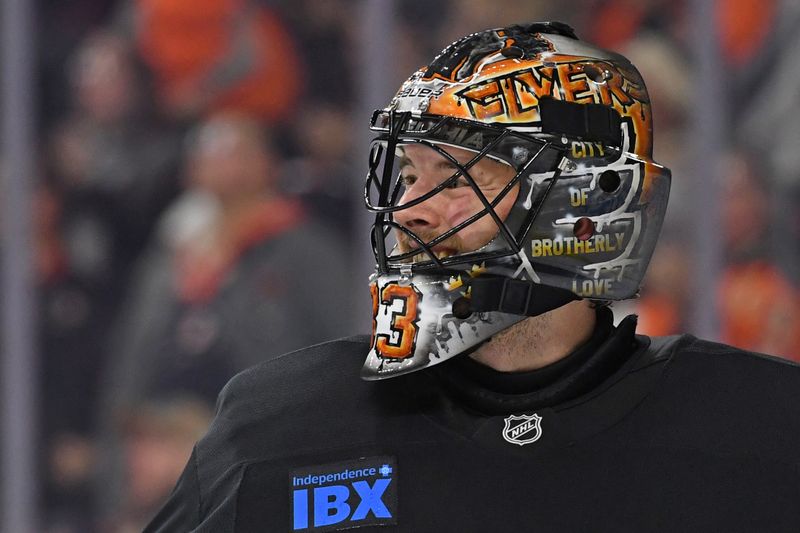 Jan 13, 2025; Philadelphia, Pennsylvania, USA; Philadelphia Flyers goaltender Samuel Ersson (33) against the Florida Panthers during the second period at Wells Fargo Center. Mandatory Credit: Eric Hartline-Imagn Images