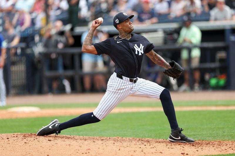 Mar 16, 2024; Tampa, Florida, USA;  New York Yankees pitcher Dennis Santana (53)throws a pitch against the Toronto Blue Jays in the sixth inning at George M. Steinbrenner Field. Mandatory Credit: Nathan Ray Seebeck-USA TODAY Sports