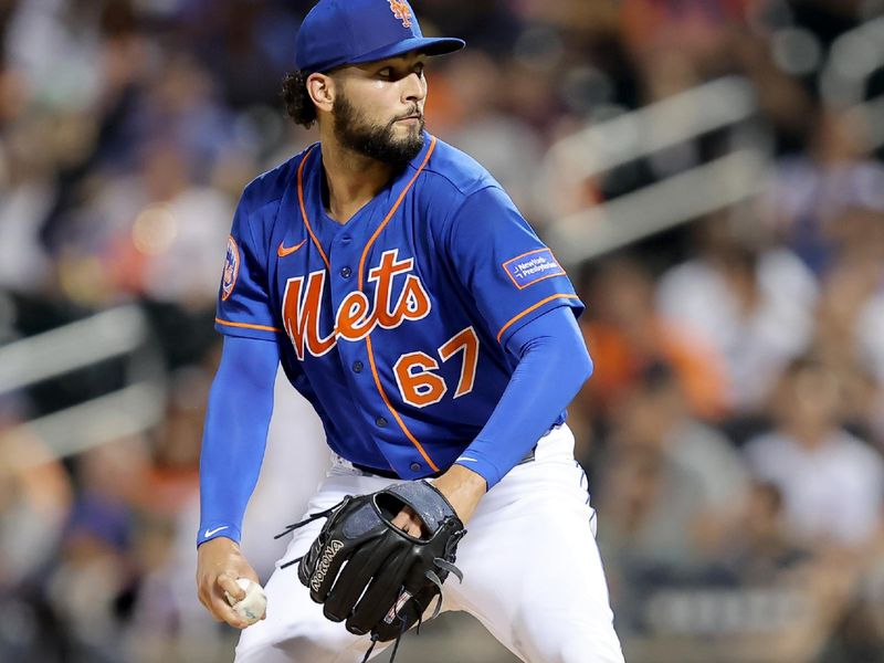 Aug 14, 2023; New York City, New York, USA; New York Mets relief pitcher Tyson Miller (67) pitches against the Pittsburgh Pirates during the fourth inning at Citi Field. Mandatory Credit: Brad Penner-USA TODAY Sports