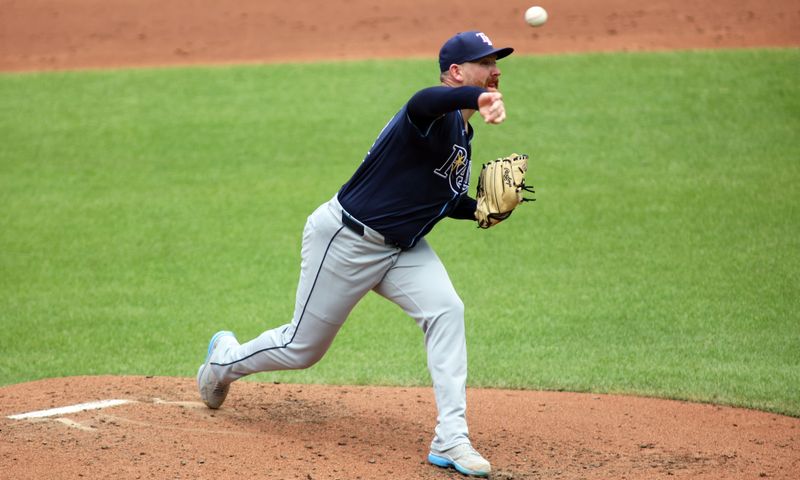 Jun 2, 2024; Baltimore, Maryland, USA; Tampa Bay Rays pitcher Zack Littell (52) throws during the third inning against the Baltimore Orioles at Oriole Park at Camden Yards. Mandatory Credit: Daniel Kucin Jr.-USA TODAY Sports