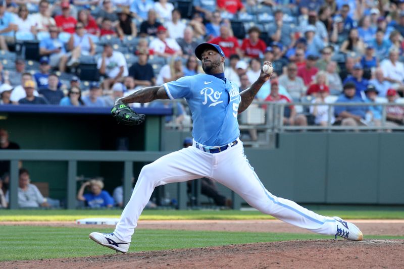 Jun 17, 2023; Kansas City, Missouri, USA; Kansas City Royals relief pitcher Aroldis Chapman (54) pitches in the ninth inning against the Los Angeles Angels at Kauffman Stadium. Mandatory Credit: Scott Sewell-USA TODAY Sports