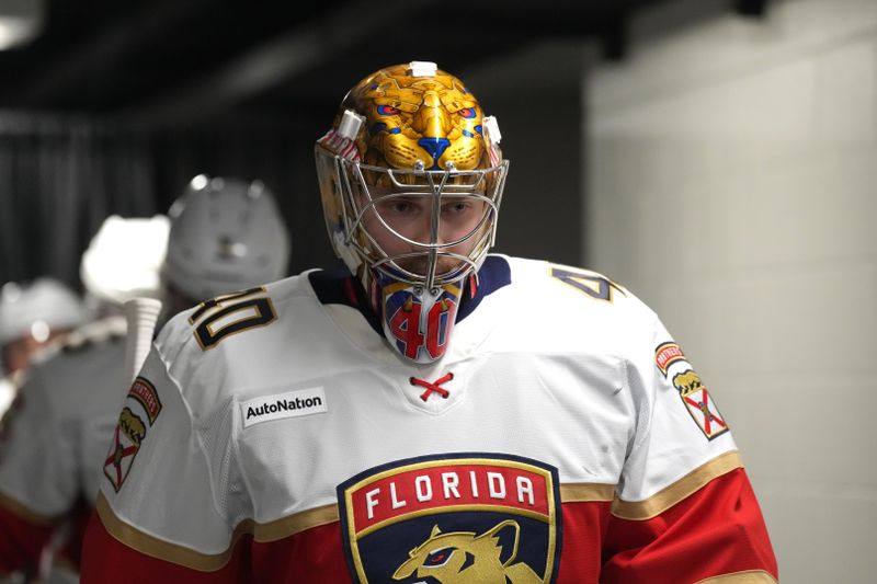 Nov 8, 2025; San Jose, California, USA; Florida Panthers goaltender Daniil Tarasov (40) walks to the ice before the game against the San Jose Sharks at SAP Center at San Jose. Mandatory Credit: Darren Yamashita-Imagn Images