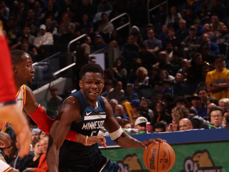 SAN FRANCISCO, CA - DECEMBER 8: Anthony Edwards #5 of the Minnesota Timberwolves dribbles the ball during the game against the Golden State Warriors on October 22, 2024 at Chase Center in San Francisco, California. NOTE TO USER: User expressly acknowledges and agrees that, by downloading and or using this photograph, user is consenting to the terms and conditions of Getty Images License Agreement. Mandatory Copyright Notice: Copyright 2024 NBAE (Photo by Jed Jacobsohn/NBAE via Getty Images)