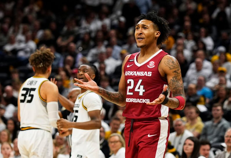 Jan 31, 2024; Columbia, Missouri, USA; Arkansas Razorbacks guard Jeremiah Davenport (24) reacts after a foul call during the first half against the Missouri Tigers at Mizzou Arena. Mandatory Credit: Jay Biggerstaff-USA TODAY Sports