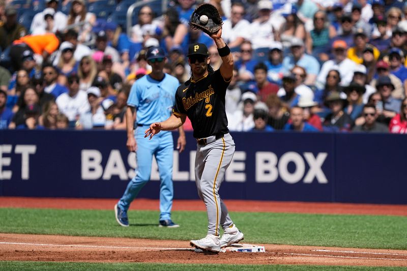 Jun 1, 2024; Toronto, Ontario, CAN;  Pittsburgh Pirates first baseman Connor Joe (2) catches a throw against the Toronto Blue Jay at first base during the first inning at Rogers Centre. Mandatory Credit: John E. Sokolowski-USA TODAY Sports