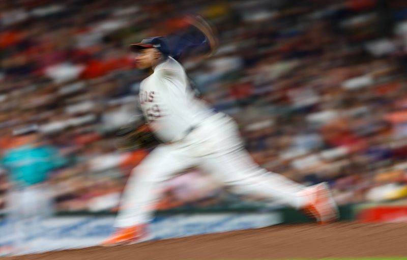 Sep 24, 2024; Houston, Texas, USA; Houston Astros starting pitcher Framber Valdez (59) pitches against the Seattle Mariners in the second inning at Minute Maid Park. Mandatory Credit: Thomas Shea-Imagn Images