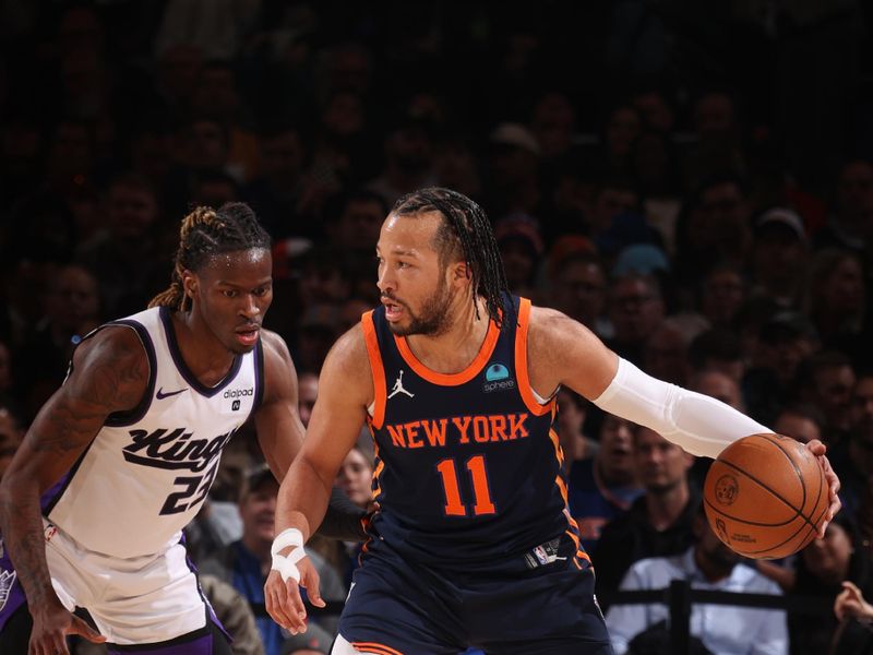 NEW YORK, NY - APRIL 4: Jalen Brunson #11 of the New York Knicks dribbles the ball during the game against the Sacramento Kings on April 4, 2024 at Madison Square Garden in New York City, New York.  NOTE TO USER: User expressly acknowledges and agrees that, by downloading and or using this photograph, User is consenting to the terms and conditions of the Getty Images License Agreement. Mandatory Copyright Notice: Copyright 2024 NBAE  (Photo by Nathaniel S. Butler/NBAE via Getty Images)