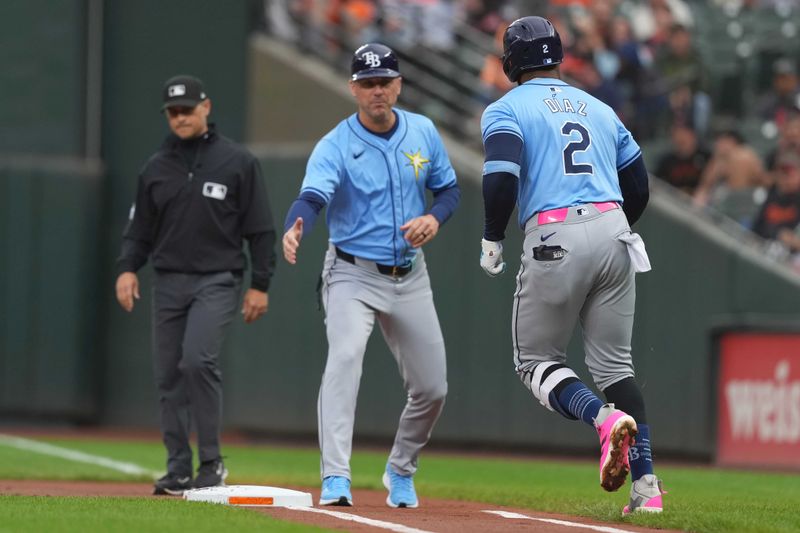 Sep 7, 2024; Baltimore, Maryland, USA; Tampa Bay Rays designated hitter Yandy Diaz (2) greeted by coach Michael Johns (9) following his first inning solo home run against the Baltimore Orioles at Oriole Park at Camden Yards. Mandatory Credit: Mitch Stringer-Imagn Images