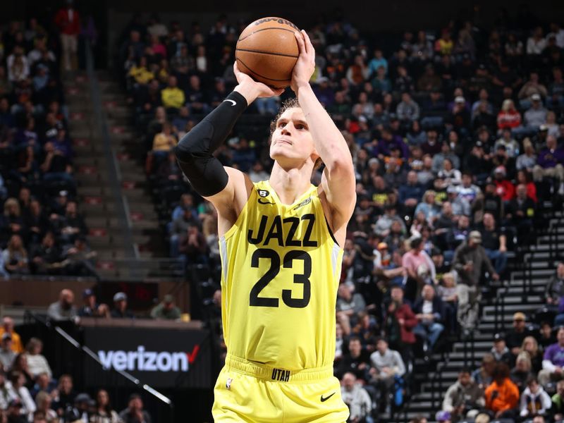 SALT LAKE CITY, UT - FEBRUARY 3: Lauri Markkanen #23 of the Utah Jazz shoots a free throw during the game against the Atlanta Hawks on February 3, 2023 at vivint.SmartHome Arena in Salt Lake City, Utah. NOTE TO USER: User expressly acknowledges and agrees that, by downloading and or using this Photograph, User is consenting to the terms and conditions of the Getty Images License Agreement. Mandatory Copyright Notice: Copyright 2023 NBAE (Photo by Melissa Majchrzak/NBAE via Getty Images)