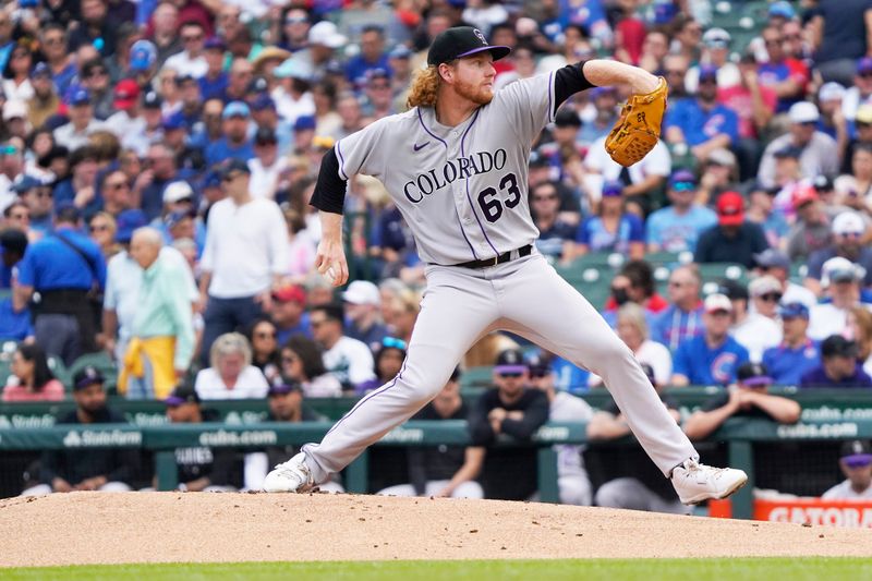 Sep 22, 2023; Chicago, Illinois, USA; Colorado Rockies starting pitcher Noah Davis (63) throws the ball against the Chicago Cubs during the first inning at Wrigley Field. Mandatory Credit: David Banks-USA TODAY Sports