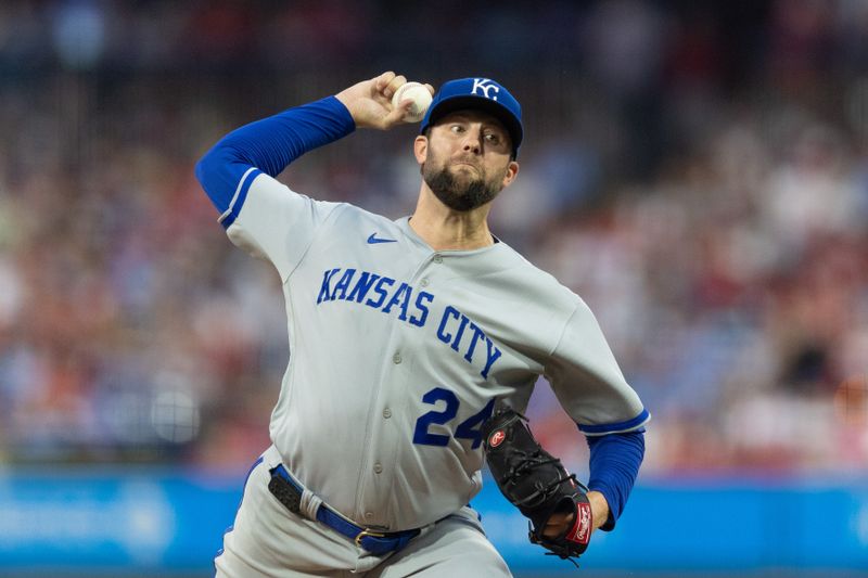 Aug 4, 2023; Philadelphia, Pennsylvania, USA; Kansas City Royals starting pitcher Jordan Lyles (24) throws a pitch during the third inning against the Philadelphia Phillies at Citizens Bank Park. Mandatory Credit: Bill Streicher-USA TODAY Sports