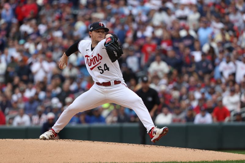 Oct 4, 2023; Minneapolis, Minnesota, USA; Minnesota Twins starting pitcher Sonny Gray (54) throws a pitch in the first inning against the Toronto Blue Jays during game two of the Wildcard series for the 2023 MLB playoffs at Target Field. Mandatory Credit: Jesse Johnson-USA TODAY Sports