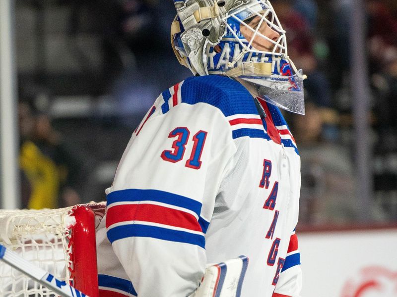 Oct 30, 2022; Tempe, Arizona, USA; New York Rangers goaltender Igor Shesterkin (31) glances up at the scoreboard during the second period against the Arizona Coyotes at Mullett Arena. Mandatory Credit: Allan Henry-USA TODAY Sports