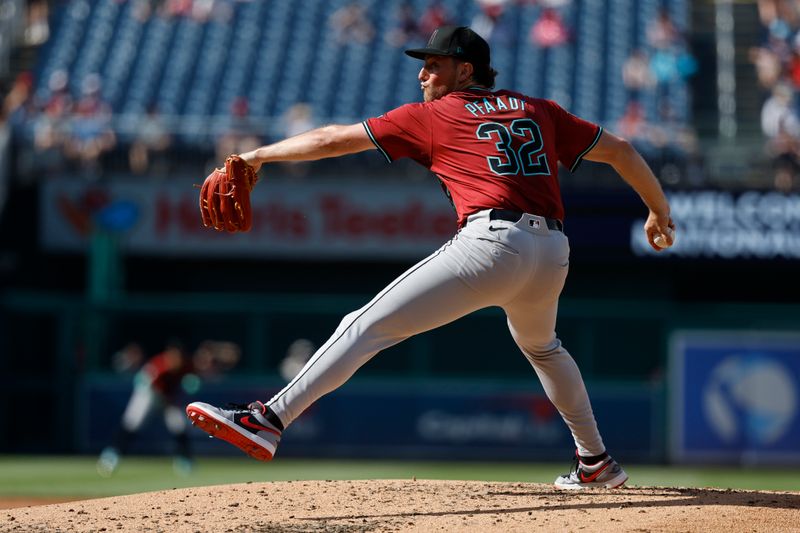 Jun 19, 2024; Washington, District of Columbia, USA; Arizona Diamondbacks pitcher Brandon Pfaadt (32) pitches against the Washington Nationals during the second inning at Nationals Park. Mandatory Credit: Geoff Burke-USA TODAY Sports