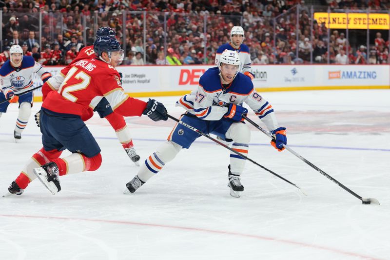 Nov 22, 2025; Sunrise, Florida, USA; Edmonton Oilers center Connor McDavid (97) moves the puck against Florida Panthers defenseman Gustav Forsling (42) during the second period at Amerant Bank Arena. Mandatory Credit: Sam Navarro-Imagn Images