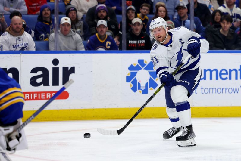 Jan 20, 2024; Buffalo, New York, USA;  Tampa Bay Lightning center Steven Stamkos (91) takes a shot on goal during the first period against the Buffalo Sabres at KeyBank Center. Mandatory Credit: Timothy T. Ludwig-USA TODAY Sports