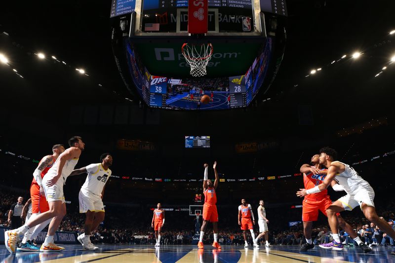 OKLAHOMA CITY, OK - DECEMBER 3: Jalen Williams #8 of the Oklahoma City Thunder free throw during the game against the Utah Jazz during the Emirates NBA Cup game on on December 3, 2024 at Paycom Center in Oklahoma City, Oklahoma. NOTE TO USER: User expressly acknowledges and agrees that, by downloading and or using this photograph, User is consenting to the terms and conditions of the Getty Images License Agreement. Mandatory Copyright Notice: Copyright 2024 NBAE (Photo by Zach Beeker/NBAE via Getty Images)