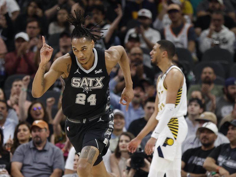 SAN ANTONIO, TX - MARCH 03: Devin Vassell #24 of the San Antonio Spurs reacts after scoring against the Indiana Pacers in the first half at Frost Bank Center on March 3, 2024 in San Antonio, Texas. NOTE TO USER: User expressly acknowledges and agrees that, by downloading and or using this photograph, User is consenting to terms and conditions of the Getty Images License Agreement. (Photo by Ronald Cortes/Getty Images)