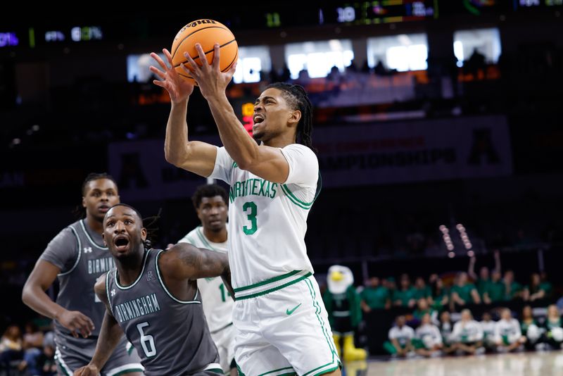 Mar 15, 2025; Fort Worth, TX, USA;  UAB Blazers forward Yaxel Lendeborg (3) scores a basket ahead of UAB Blazers guard Tony Toney (6) during the first half at Dickies Arena. Mandatory Credit: Chris Jones-Imagn Images