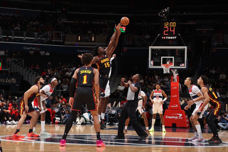 WASHINGTON, DC -? OCTOBER 30: Clint Capela #15 of the Atlanta Hawks takes tip off during the game against the Washington Wizards on October 30, 2024 at Capital One Arena in Washington, DC. NOTE TO USER: User expressly acknowledges and agrees that, by downloading and or using this Photograph, user is consenting to the terms and conditions of the Getty Images License Agreement. Mandatory Copyright Notice: Copyright 2024 NBAE (Photo by Stephen Gosling/NBAE via Getty Images)