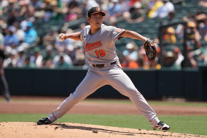 Jun 8, 2025; West Sacramento, California, USA; Baltimore Orioles starting pitcher Tomoyuki Sugano (19) throws a pitch against the Athletics during the first inning at Sutter Health Park. Mandatory Credit: Darren Yamashita-Imagn Images