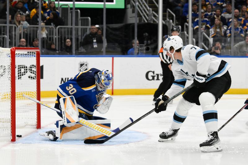 Nov 7, 2024; St. Louis, Missouri, USA; Utah Hockey Club defenseman Michael Kesselring (7) scores a goal against St. Louis Blues goaltender Joel Hofer (30) during the first period at Enterprise Center. Mandatory Credit: Jeff Le-Imagn Images