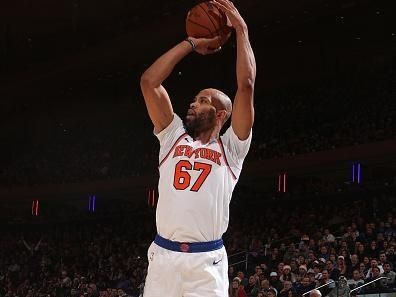 NEW YORK, NY - DECEMBER 25: Taj Gibson #67 of the New York Knicks three point basket during the game against the Milwaukee Bucks on December 25, 2023 at Madison Square Garden in New York City, New York.  NOTE TO USER: User expressly acknowledges and agrees that, by downloading and or using this photograph, User is consenting to the terms and conditions of the Getty Images License Agreement. Mandatory Copyright Notice: Copyright 2023 NBAE  (Photo by Nathaniel S. Butler/NBAE via Getty Images)