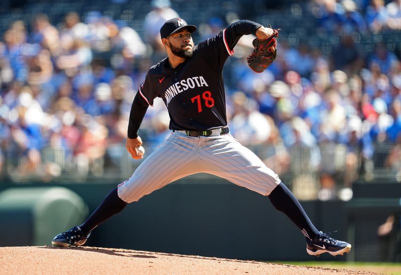 Sep 8, 2024; Kansas City, Missouri, USA; Minnesota Twins starting pitcher Simeon Woods Richardson (78) pitches during the first inning against the Kansas City Royals at Kauffman Stadium. Mandatory Credit: Jay Biggerstaff-Imagn Images