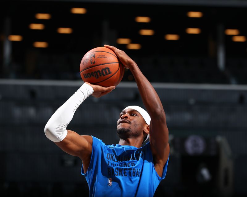 BROOKLYN, NY - JANUARY 5: Shai Gilgeous-Alexander #2 of the Oklahoma City Thunder shoots the ball before the game  during player pre-game warm-ups on January 5, 2024 at Barclays Center in Brooklyn, New York. NOTE TO USER: User expressly acknowledges and agrees that, by downloading and or using this Photograph, user is consenting to the terms and conditions of the Getty Images License Agreement. Mandatory Copyright Notice: Copyright 2024 NBAE (Photo by David L. Nemec/NBAE via Getty Images)