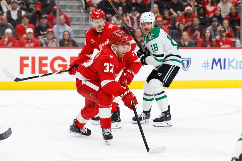 Dec 23, 2025; Detroit, Michigan, USA;  Detroit Red Wings left wing J.T. Compher (37) skates with the puck in the second period against the Dallas Stars at Little Caesars Arena. Mandatory Credit: Rick Osentoski-Imagn Images