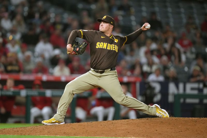 Jun 3, 2024; Anaheim, California, USA; San Diego Padres pitcher Adrian Morejon (50) throws in the eighth inning against the Los Angeles Angels at Angel Stadium. Mandatory Credit: Kirby Lee-USA TODAY Sports