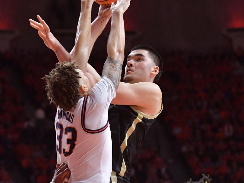 Mar 5, 2024; Champaign, Illinois, USA; Purdue Boilermakers center Zach Edey (15) shoots over Illinois Fighting Illini forward Coleman Hawkins (33) during the second half at State Farm Center. Mandatory Credit: Ron Johnson-USA TODAY Sports