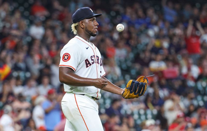 Jun 5, 2024; Houston, Texas, USA; Houston Astros starting pitcher Ronel Blanco (56) reacts after giving up a home run to St. Louis Cardinals third baseman Nolan Arenado (not pictured) during the sixth inning at Minute Maid Park. Mandatory Credit: Troy Taormina-USA TODAY Sports