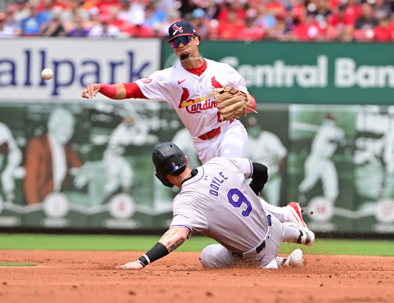 Jun 9, 2024; St. Louis, Missouri, USA; St. Louis Cardinals shortstop Masyn Winn (0) tries for a double play after getting the out on Colorado Rockies outfielder Brenton Doyle (9) in at second base in the first innniig at Busch Stadium. Mandatory Credit: Tim Vizer-USA TODAY Sports