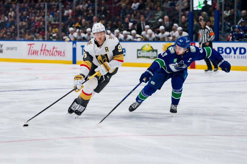 Nov 30, 2023; Vancouver, British Columbia, CAN; Vegas Golden Knights forward Jack Eichel (9) drives past Vancouver Canucks defenseman Quinn Hughes (43) in the first period at Rogers Arena. Mandatory Credit: Bob Frid-USA TODAY Sports