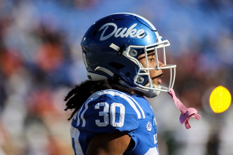 Nov 27, 2021; Durham, North Carolina, USA;  Duke Blue Devils safety Brandon Johnson (30) during the first half of the game against the Miami Hurricanes at Wallace Wade Stadium. at Wallace Wade Stadium. Mandatory Credit: Jaylynn Nash-USA TODAY Sports