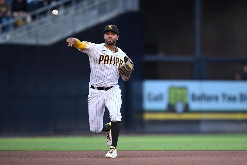 Jun 24, 2023; San Diego, California, USA; San Diego Padres shortstop Xander Bogaerts (2) throws to first base on a ground out by Washington Nationals center fielder Derek Hill (34) during the fourth inning at Petco Park. Mandatory Credit: Orlando Ramirez-USA TODAY Sports