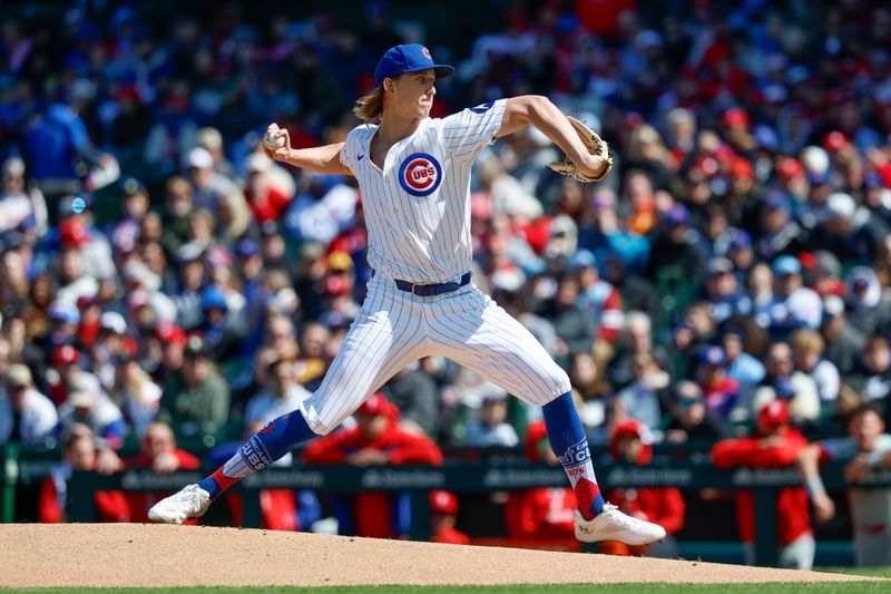 Apr 26, 2025; Chicago, Illinois, USA; Chicago Cubs starting pitcher Ben Brown (32) delivers a pitch against the Philadelphia Phillies during the first inning at Wrigley Field. Mandatory Credit: Kamil Krzaczynski-Imagn Images