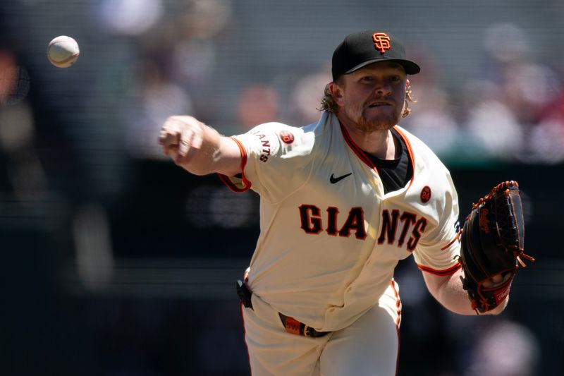 Aug 15, 2024; San Francisco, California, USA; San Francisco Giants starting pitcher Logan Webb (62) delivers against the Atlanta Braves during the first inning at Oracle Park. Mandatory Credit: D. Ross Cameron-USA TODAY Sports