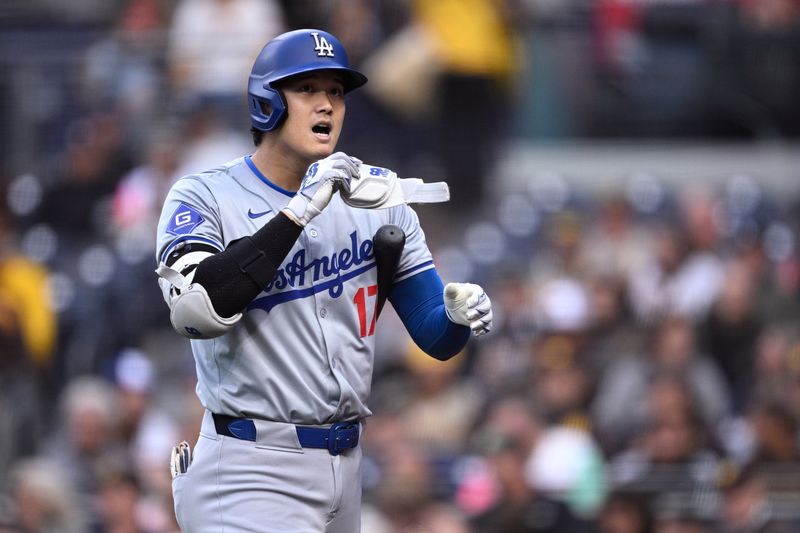 May 10, 2024; San Diego, California, USA; Los Angeles Dodgers designated hitter Shohei Ohtani (17) reacts after striking out during the first inning against the San Diego Padres at Petco Park. Mandatory Credit: Orlando Ramirez-USA TODAY Sports