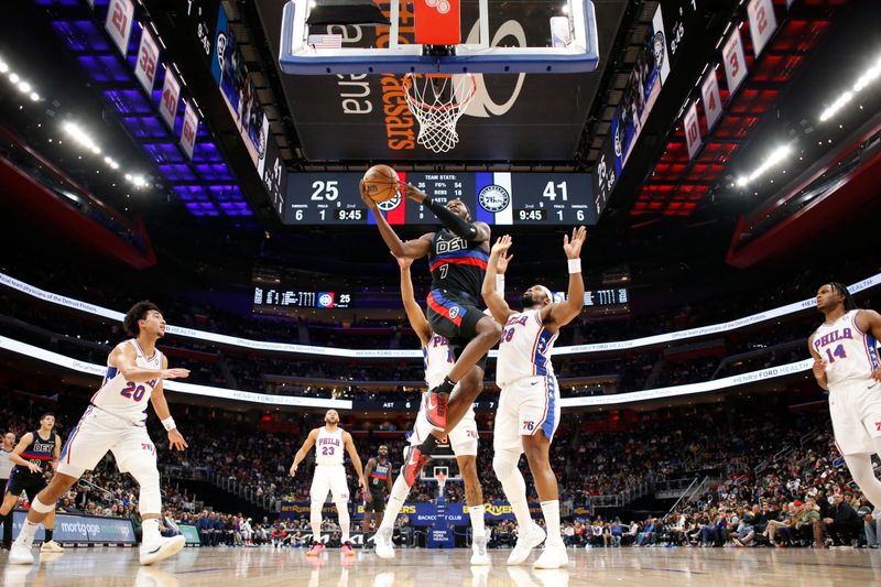 DETROIT, MI - NOVEMBER 30: Paul Reed #7 of the Detroit Pistons shoots the ball during the game against the Philadelphia 76ers  during a regular season game on November 30, 2024 at Little Caesars Arena in Detroit, Michigan. NOTE TO USER: User expressly acknowledges and agrees that, by downloading and/or using this photograph, User is consenting to the terms and conditions of the Getty Images License Agreement. Mandatory Copyright Notice: Copyright 2024 NBAE (Photo by Brian Sevald/NBAE via Getty Images)