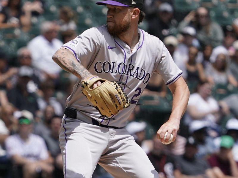 Jun 30, 2024; Chicago, Illinois, USA; Colorado Rockies pitcher Kyle Freeland (21) throws the ball against the Chicago White Sox during the first inning at Guaranteed Rate Field. Mandatory Credit: David Banks-USA TODAY Sports